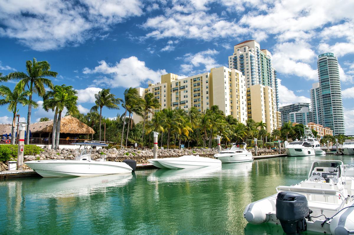 Waterfront skyline with yachts and palm trees near Delray Beach, Florida